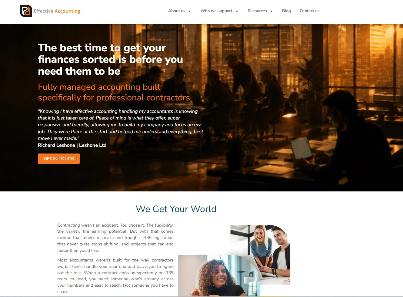 The Professional contractors page hero on the new Effective Accounting website.