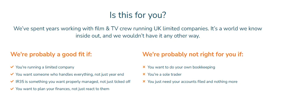 A section of the new site setting out who the firm is not for.