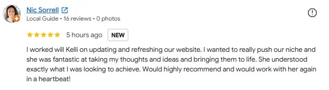 Nic Sorrell's five-star Google review of Kelli