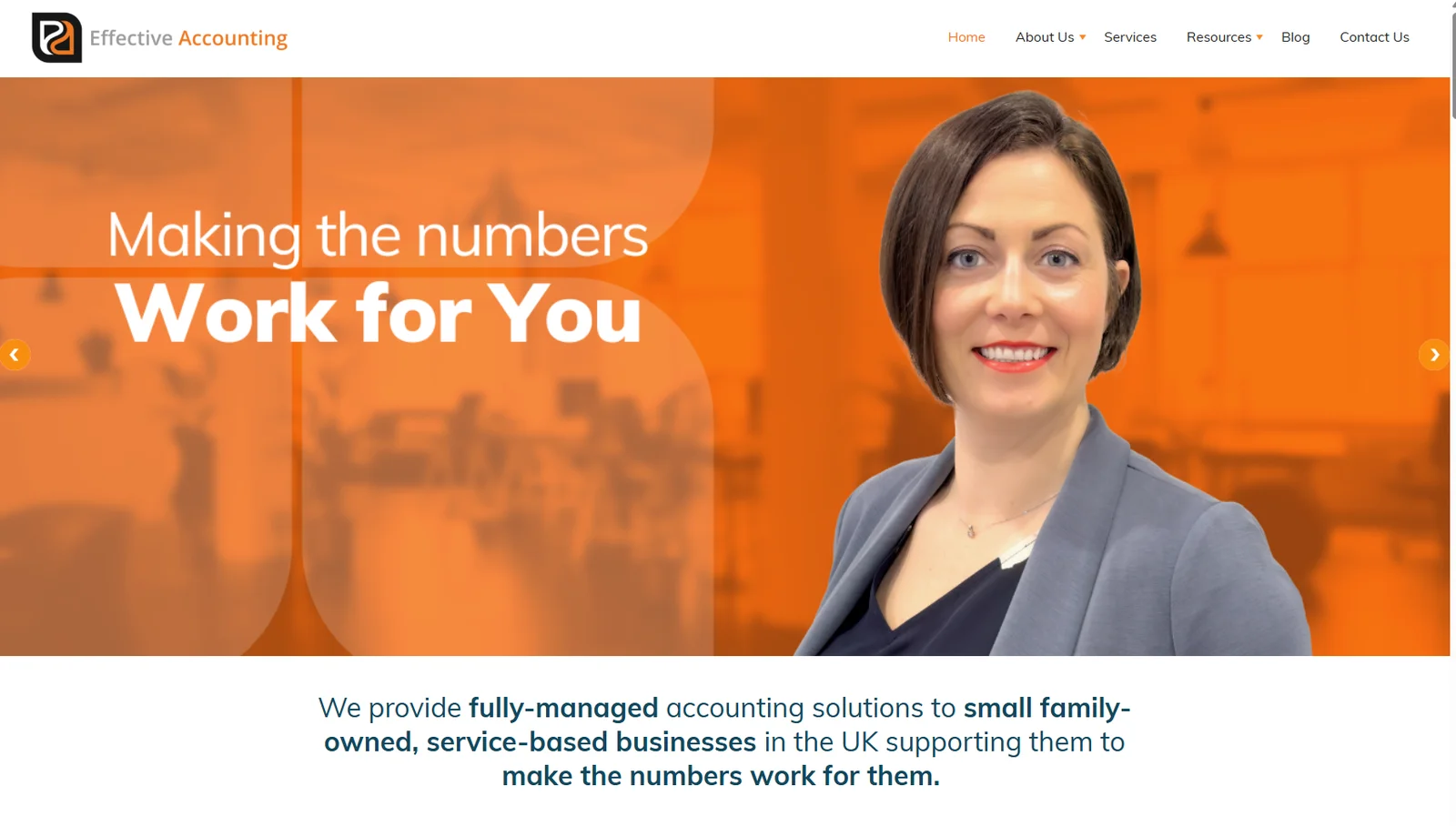Old homepage: Making the numbers work for you, for small family-owned, service-based businesses.