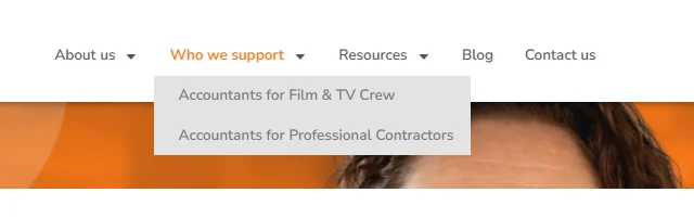 New menu: Who we support, with Accountants for Film and TV Crew and Accountants for Professional Contractors.