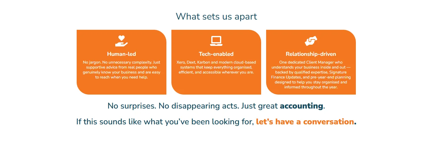 New values: Human-led, Tech-enabled, Relationship-driven, each with a short explanation.